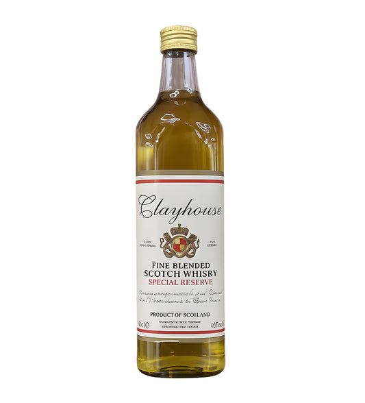 Clay House Whisky 75cl clear glass bottle on white background, golden spirit with cream and gold label featuring brand crest