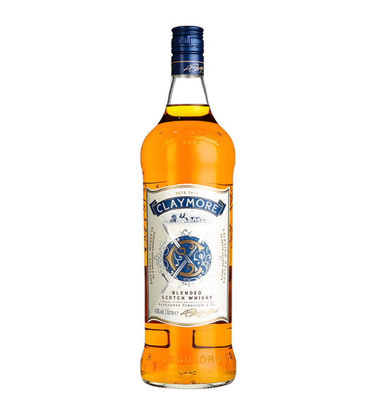 Claymore Blended Scotch Whisky 1L clear glass bottle on white background, golden amber spirit with cream and blue label featuring crossed claymore swords