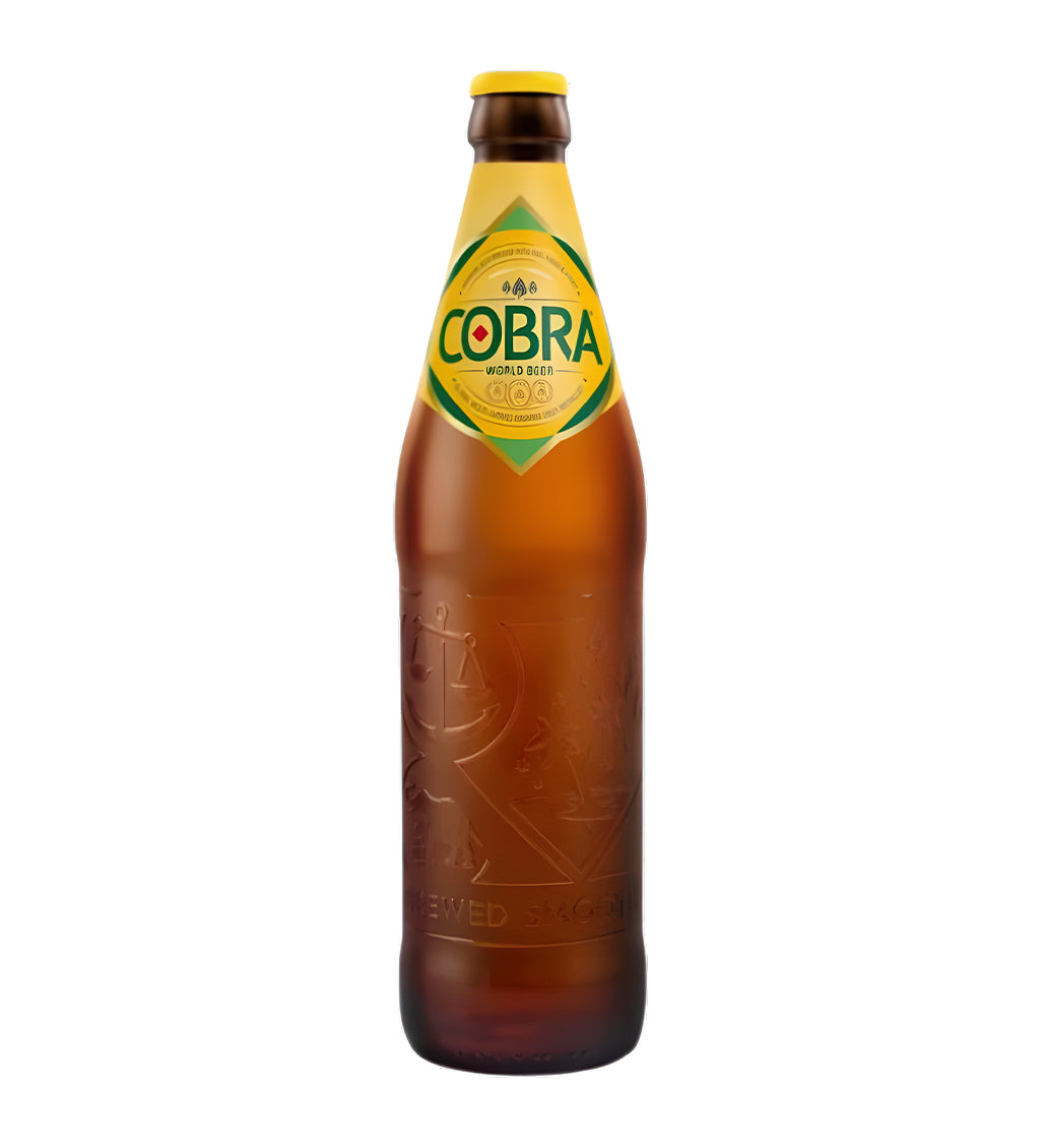 Brown Cobra beer bottle with a green label on a white background