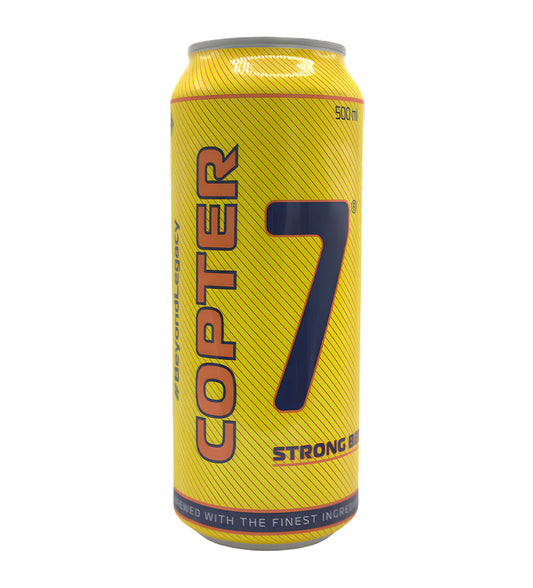  Copter 7 A Strong lager beer 50cl can on white background, bold yellow and black design with logo