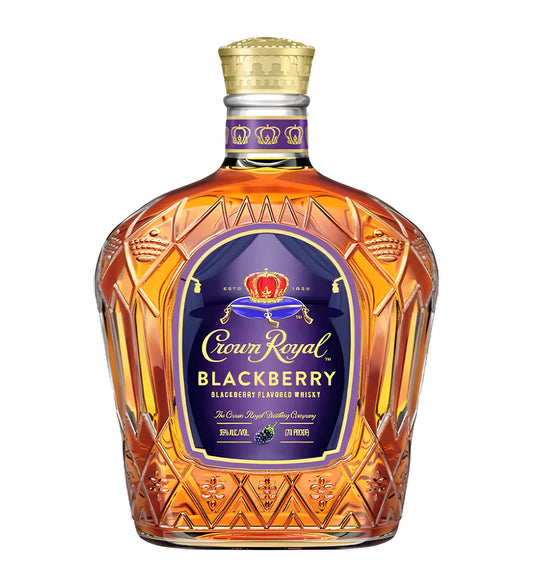 Crown Royal Canadian Whisky 75cl signature rounded glass bottle on white background, golden amber spirit with purple and gold label featuring crown logo