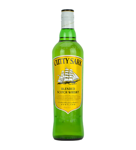 Cutty Sark Blended Malt Scotch Whisky 70cl clear glass bottle on white background, golden spirit with yellow label featuring clipper ship illustration