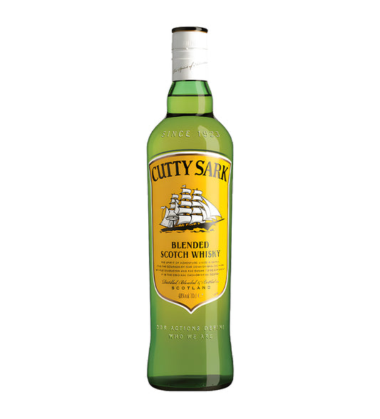 Cutty Sark Blended Scotch Whisky 1L clear glass bottle on white background, golden spirit with yellow label featuring clipper ship illustration