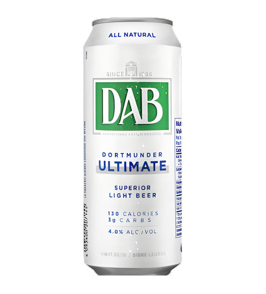 DAB Ultimate German lager beer 50cl can on white background, green and silver design with brand logo