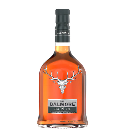 Dalmore 15 Years Highland Single Malt Scotch Whisky 70cl clear glass bottle on white background, deep amber spirit with black and gold label featuring stag emblem
