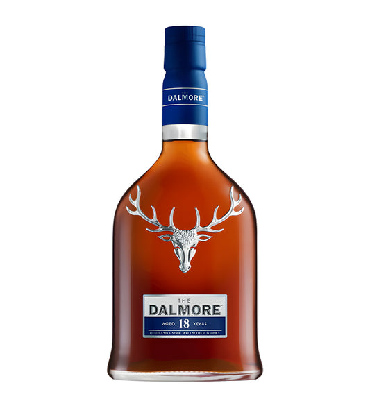 Dalmore 18 Years Highland Single Malt Scotch Whisky 70cl clear glass bottle on white background, dark amber spirit with black and copper label featuring stag emblem