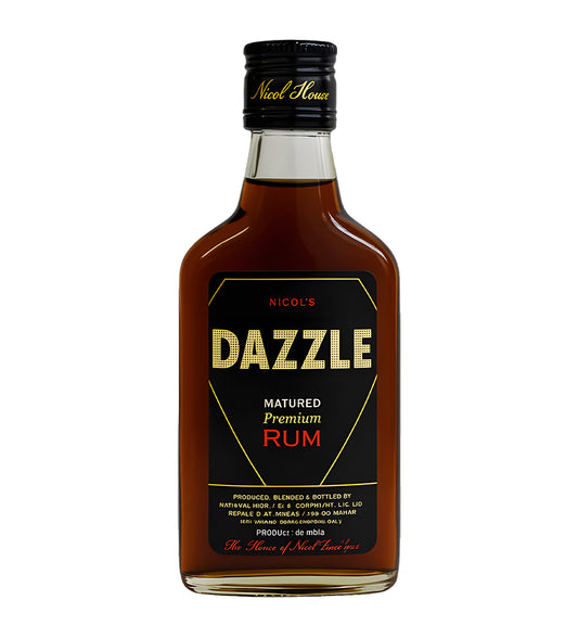 Dazzle Rum 18cl clear glass bottle on white background, white and gold label with brand logo