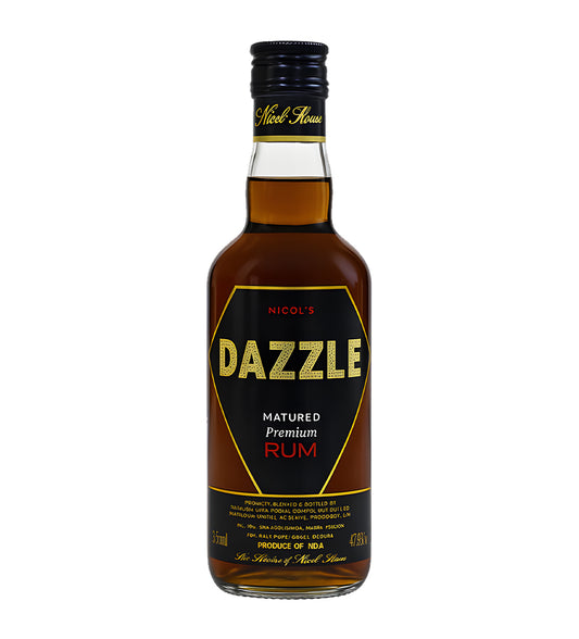Dazzle Rum 37.5cl clear glass bottle on white background, white label with gold accents and brand logo