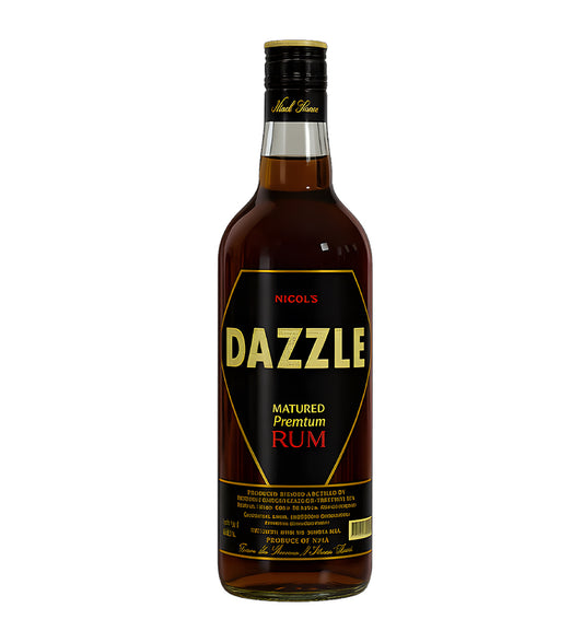 Dazzle Rum 75cl clear glass bottle on white background, white label with gold accents and brand logo