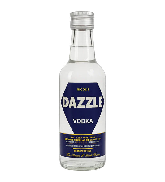 Bottle of Dazzle Vodka with blue label on a white background