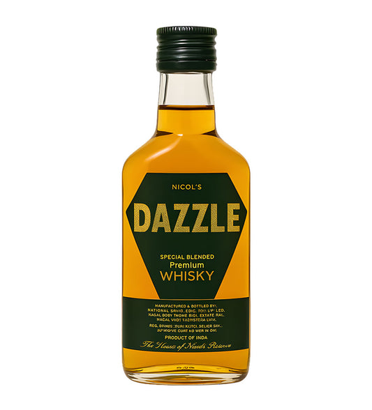 Dazzle Whisky 18cl clear glass bottle on white background, golden spirit with white and gold label featuring brand logo