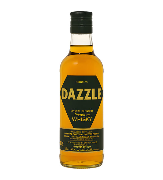 Dazzle Whisky 37.5cl clear glass bottle on white background, golden spirit with white and gold label featuring brand logo