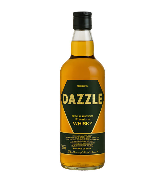 Dazzle Whisky 75cl clear glass bottle on white background, golden spirit with white and gold label featuring brand logo