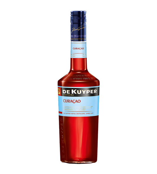 Bottle of De Kuyper Curácao liqueur on a white background