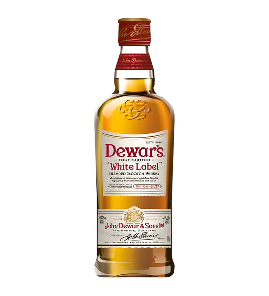 Dewar’s White Label Blended Scotch Whisky 1.14L clear glass bottle on white background, golden spirit with cream and red label featuring brand crest