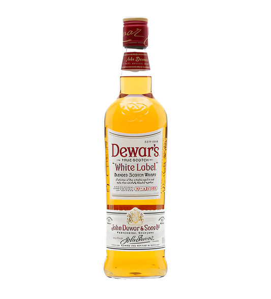 Dewar’s White Label Blended Scotch Whisky 1L clear glass bottle on white background, golden spirit with cream and red label featuring brand crest