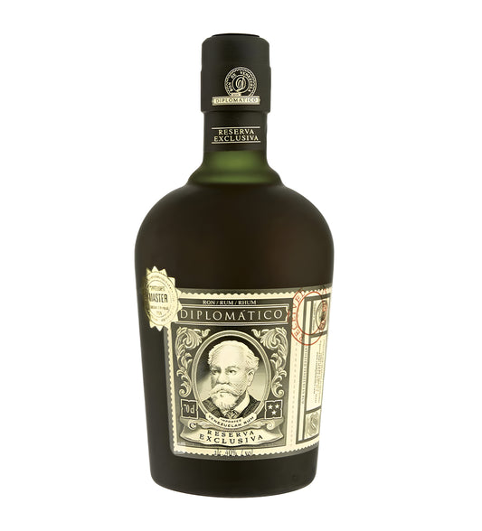 Diplomático Reserva Exclusiva premium rum 70cl dark green glass bottle with matching canister on white background, ornate label with portrait emblem