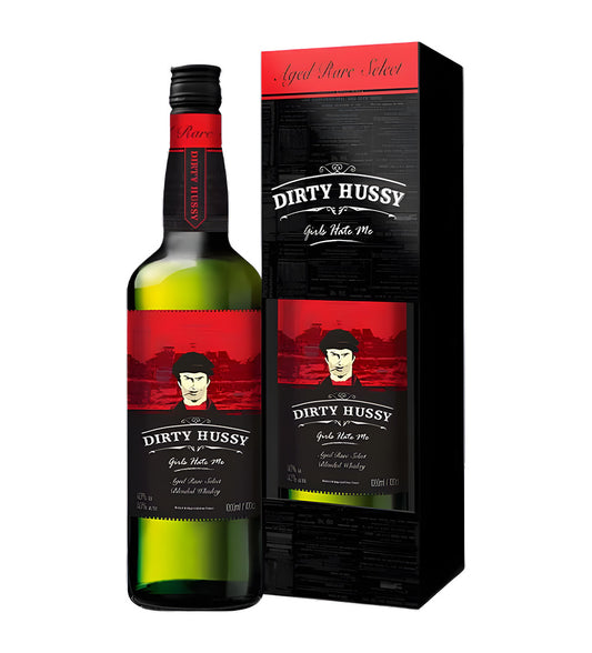 Dirty Hussy Blended Whisky 1L clear glass bottle on white background, golden amber spirit with black and red label featuring bold typography