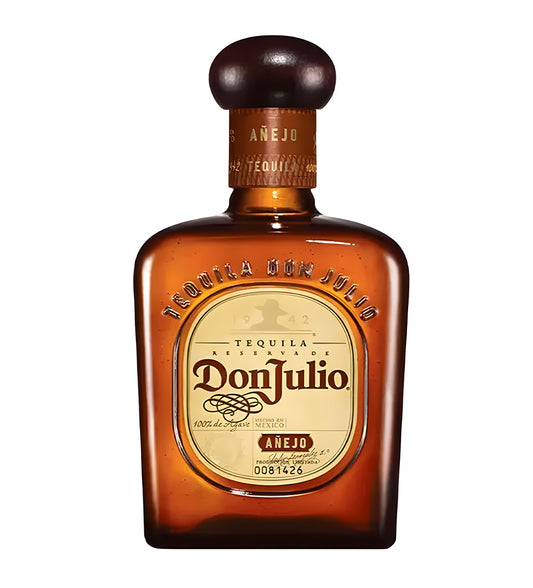 Don Julio Añejo Tequila 75cl amber glass bottle on white background, rich golden spirit with elegant black and gold label