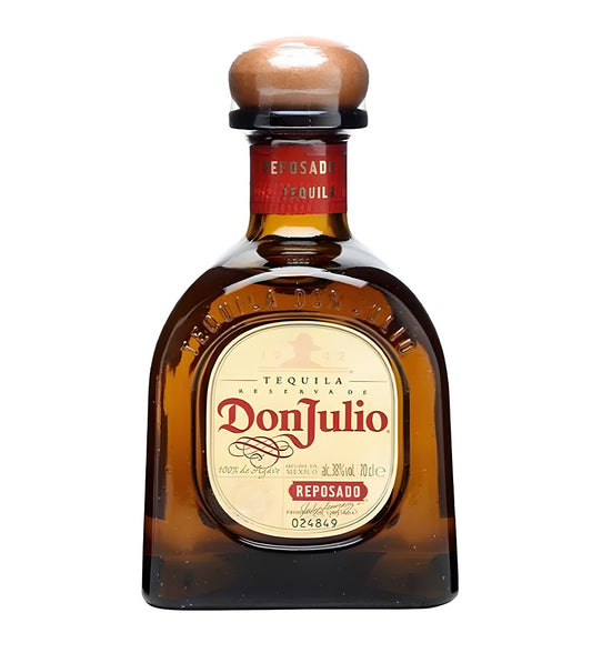 Don Julio Reposado Tequila 70cl amber glass bottle on white background, golden spirit with elegant cream and gold label