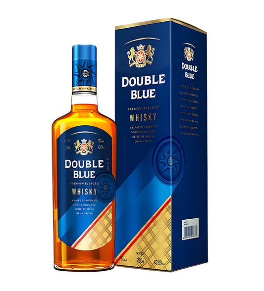 Double Blue Deluxe Whisky 75cl clear glass bottle on white background, golden amber spirit with dark blue and silver label featuring brand crest