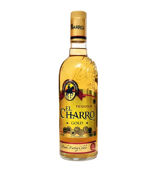 El Charro Gold Tequila 75cl clear glass bottle on white background, golden spirit with red and gold label featuring agave imagery