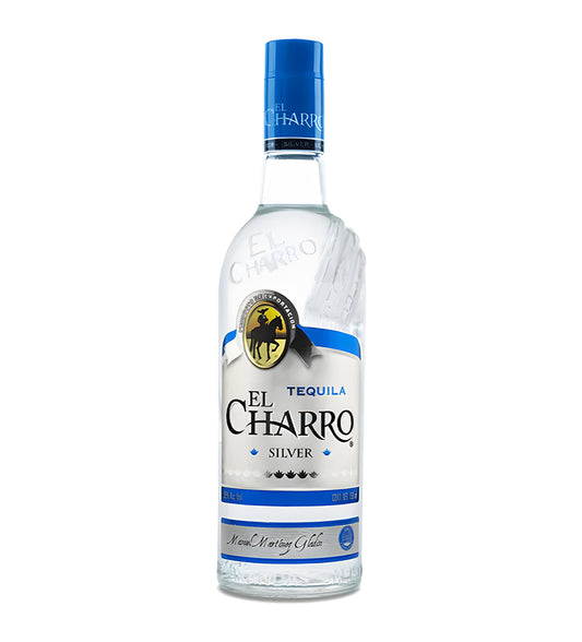 El Charro Silver Tequila 75cl clear glass bottle on white background, clear spirit with blue and silver label featuring agave imagery