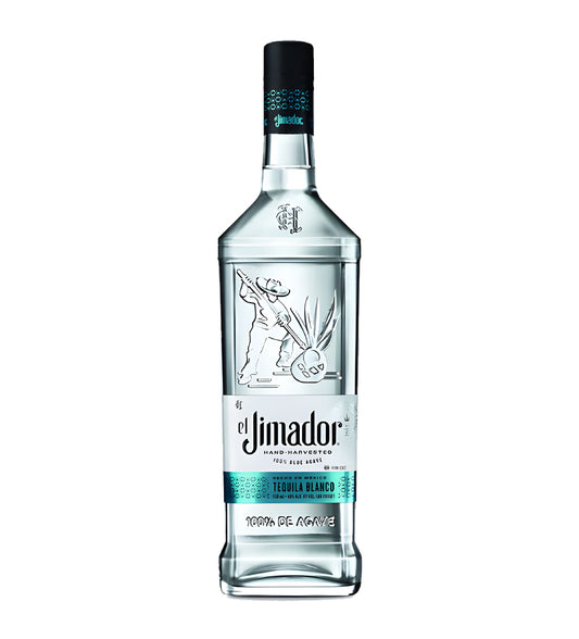 El Jimador Blanco Tequila 1L clear glass bottle on white background, clear spirit with white and green label featuring agave imagery