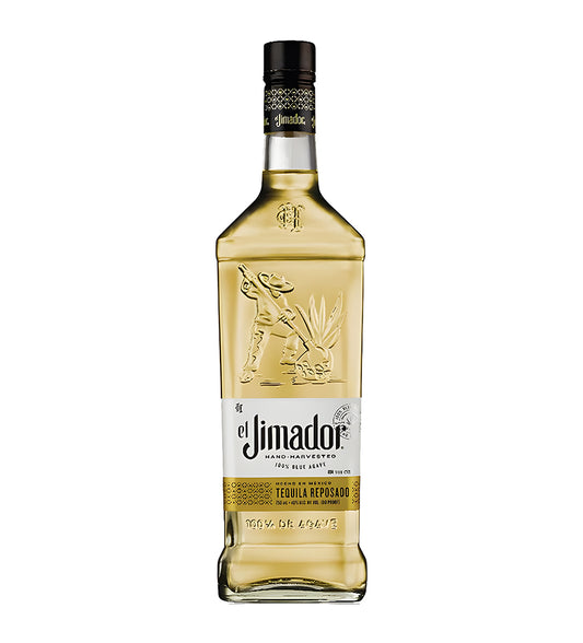 El Jimador Reposado Tequila 1L clear glass bottle on white background, golden spirit with white and gold label featuring agave imagery