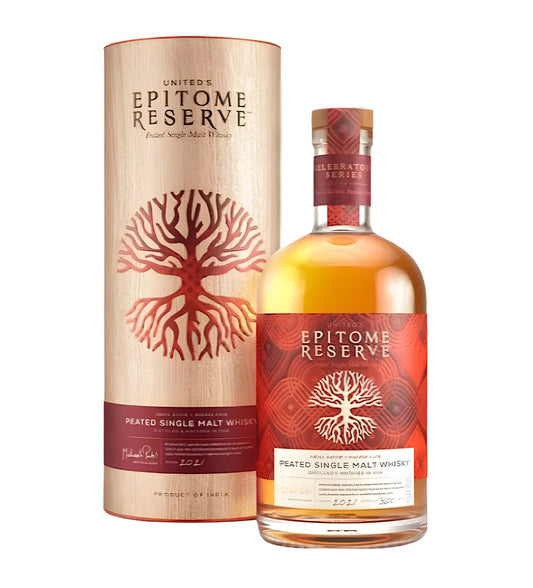 Epitome Reserve Whisky 75cl clear glass bottle on white background, golden amber spirit with black and gold label featuring brand crest