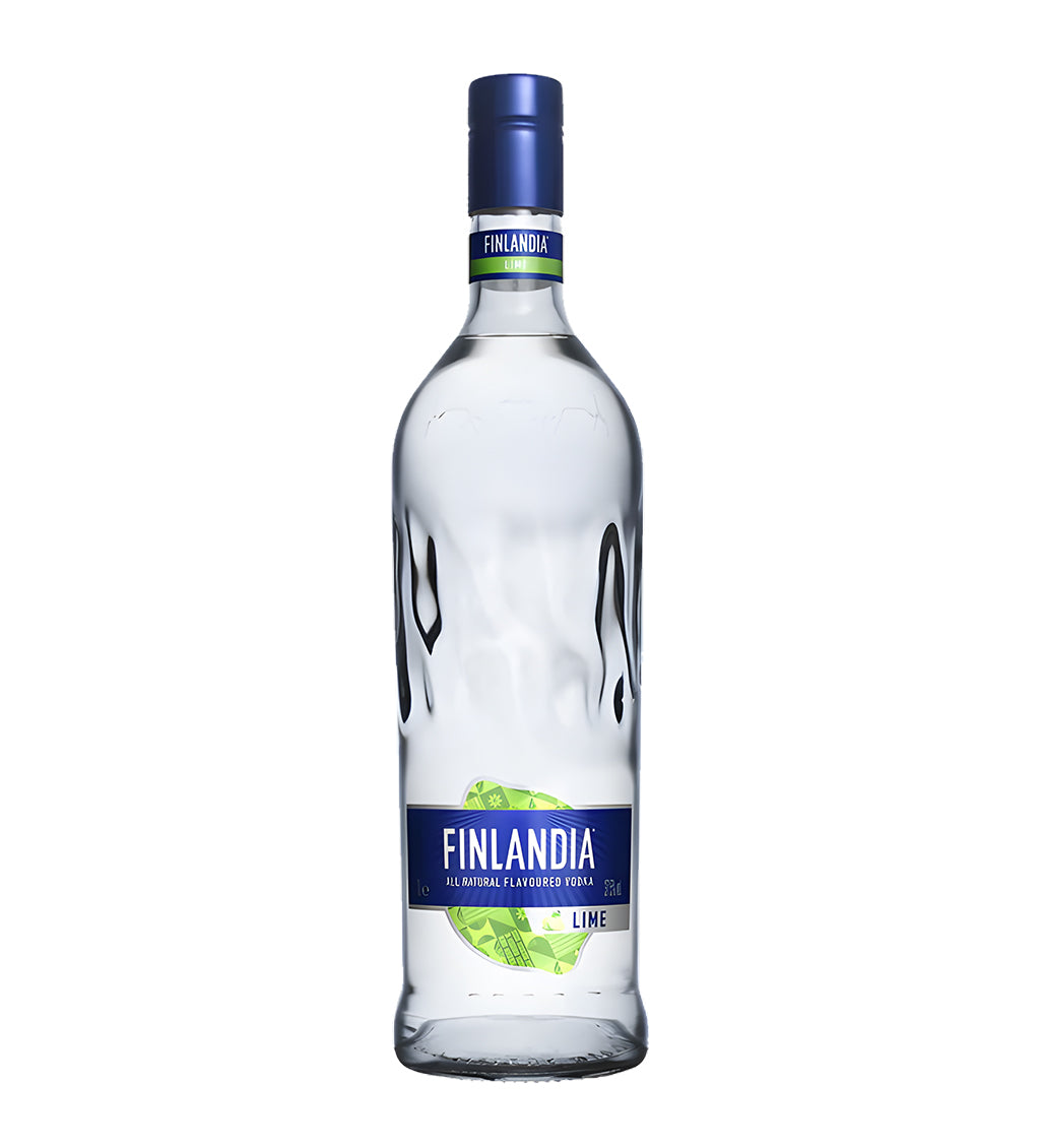 Finlandia Lime Flavored Vodka 75cl clear glass bottle on white background, green label with lime imagery and brand logo