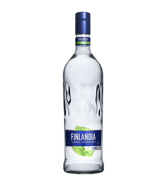 Finlandia Lime Flavored Vodka 75cl clear glass bottle on white background, green label with lime imagery and brand logo
