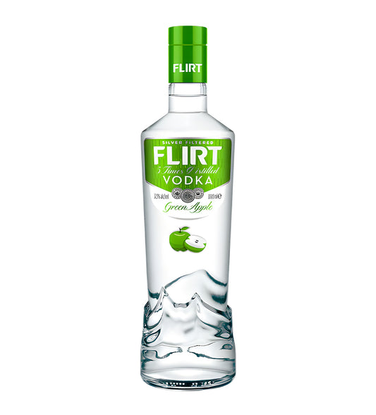 Flirt Green Apple Vodka 1L clear glass bottle on white background, green label with apple imagery and brand logo
