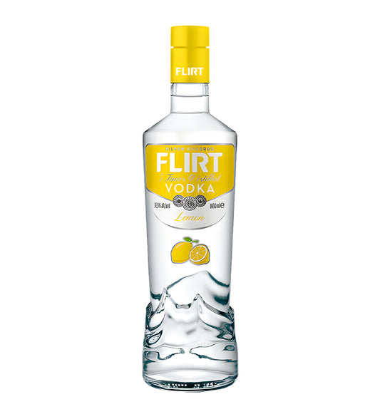 Flirt Lemon Vodka 1L clear glass bottle on white background, yellow label with lemon imagery and brand logo