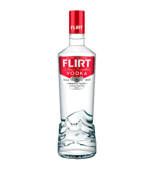 Flirt Red Vodka 1L clear glass bottle on white background, red label with berry imagery and brand logo