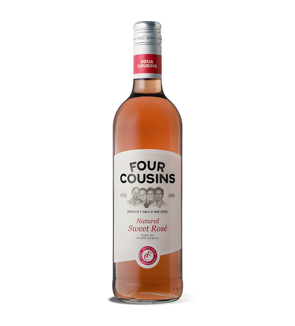 Bottle of Four Cousins Natural Sweet Rosé wine on a white background