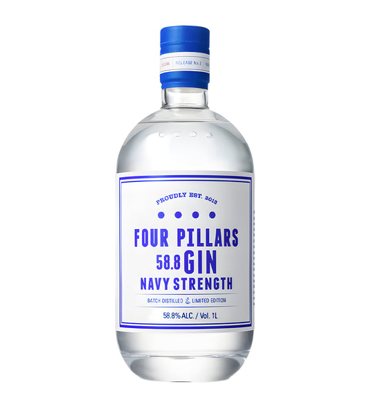 Four Pillars Navy Strength Gin 1L clear glass bottle on white background, blue and white label with bold text and botanical details
