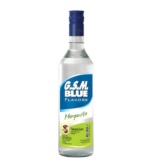 GSM Blue Margarita Liqueur 70cl clear glass bottle on white background, vibrant blue liquid with colorful label design