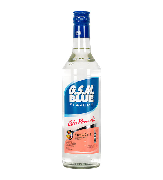 GSM Blue Pomelo Liqueur 70cl clear glass bottle on white background, bright blue liquid with citrus-themed label design