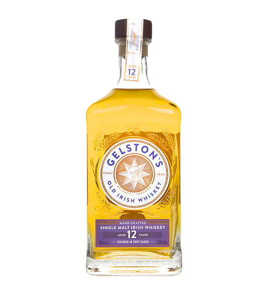 Gelston’s 12 Years Port Cask Finish Irish Whiskey 70cl clear glass bottle on white background, deep amber spirit with burgundy and gold label featuring brand crest