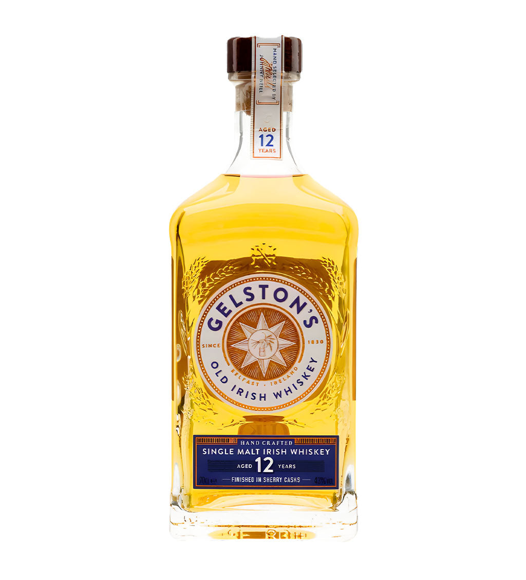 Gelston’s 12 Years Sherry Cask Finish Irish Whiskey 70cl clear glass bottle on white background, rich amber spirit with maroon and gold label featuring brand crest