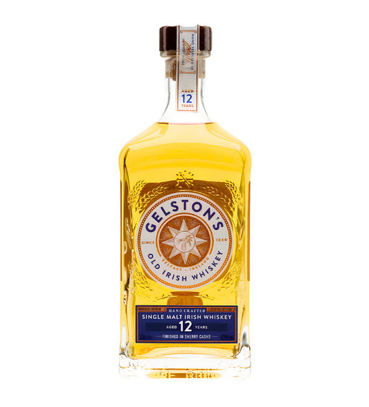 Gelston’s 12 Years Sherry Cask Finish Irish Whiskey 70cl clear glass bottle on white background, rich amber spirit with maroon and gold label featuring brand crest