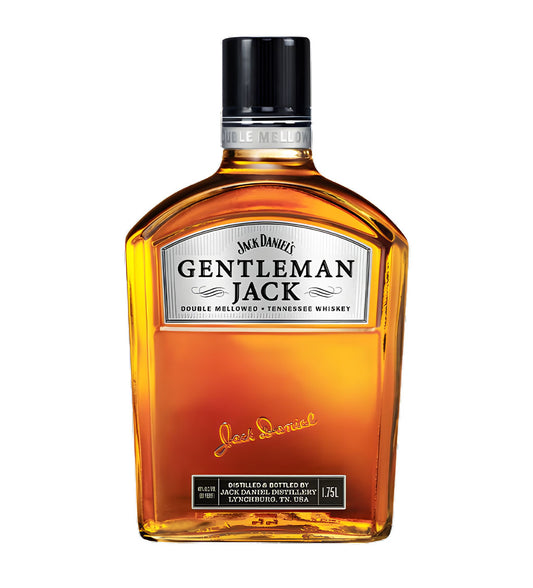 Gentleman Jack Double Mellowed Tennessee Whiskey 1L clear glass bottle on white background, golden amber spirit with black and silver label featuring Jack Daniel’s branding