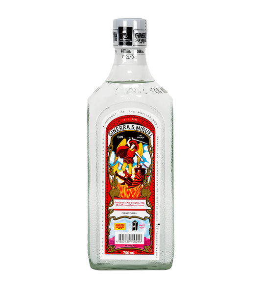 Ginebra San Miguel Frasco Gin 70cl clear glass bottle on white background, white and red label with brand logo