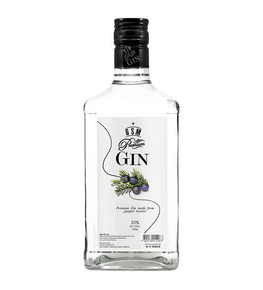 Ginebra San Miguel Premium Gin 75cl clear glass bottle on white background, black and gold label with brand crest