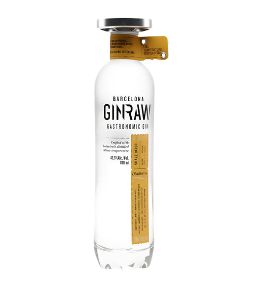 Ginraw small batch premium gin 70cl clear glass bottle on white background, frosted lower half with minimalist label