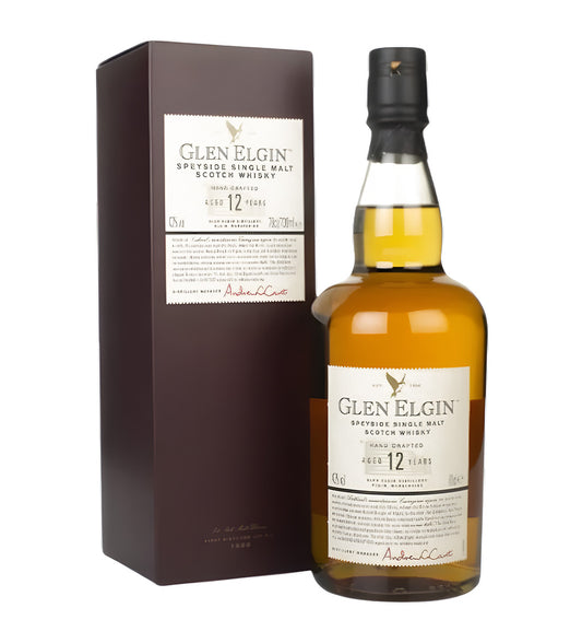Glen Elgin 12 Years Speyside Single Malt Scotch Whisky 70cl clear glass bottle on white background, golden spirit with cream and green label featuring distillery crest