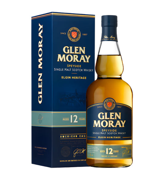 Glen Moray 12 Years Speyside Single Malt Scotch Whisky 70cl clear glass bottle on white background, golden amber spirit with cream and blue label featuring distillery crest