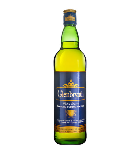 Glenbrynth 3 Years Blended Scotch Whisky 75cl clear glass bottle on white background, golden spirit with cream and gold label featuring brand crest