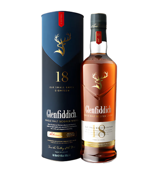 Glenfiddich 18 Years Small Batch Reserve Single Malt Scotch Whisky 70cl clear glass bottle on white background, deep amber spirit with cream and gold label featuring stag logo